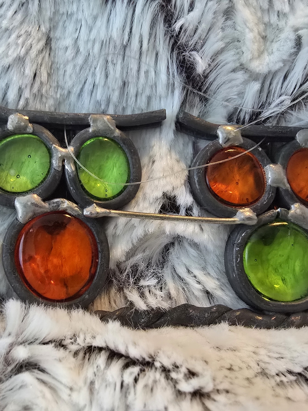 Vintage Modern Stained Glass Owl with Green & Amber Cabochons Suncatcher 3x2